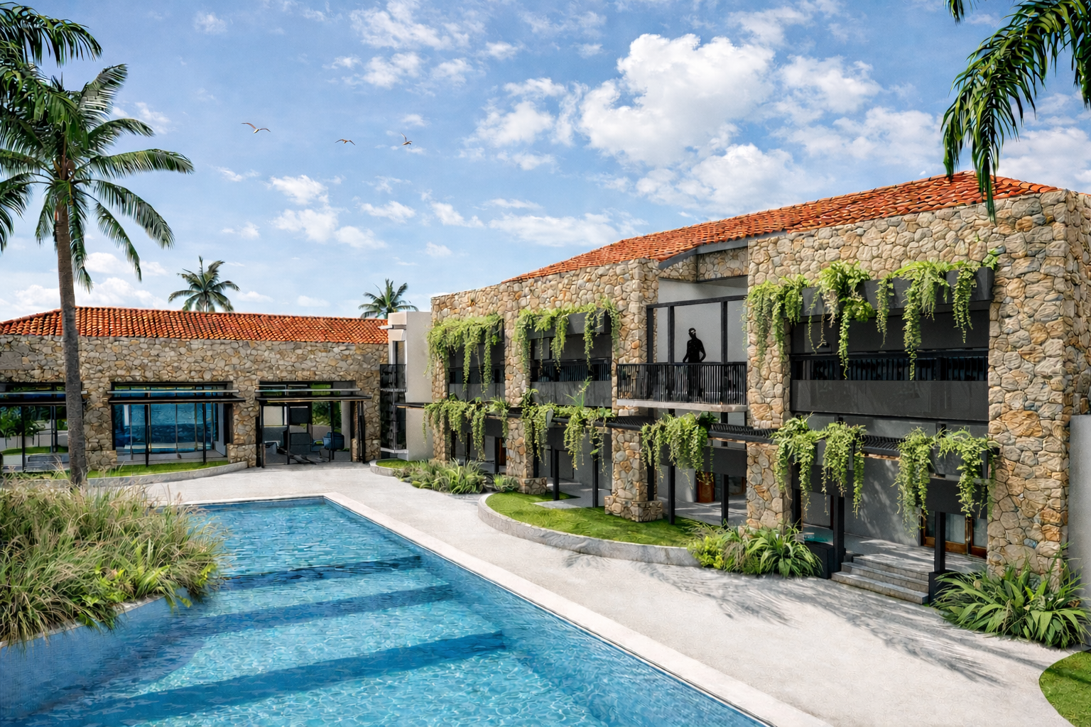 Large luxury residential villa in Capcana, Punta Cana, with coral stone facade and traditional red tile roof, surrounded by lush greenery and palm trees, featuring a large swimming pool in the foreground.