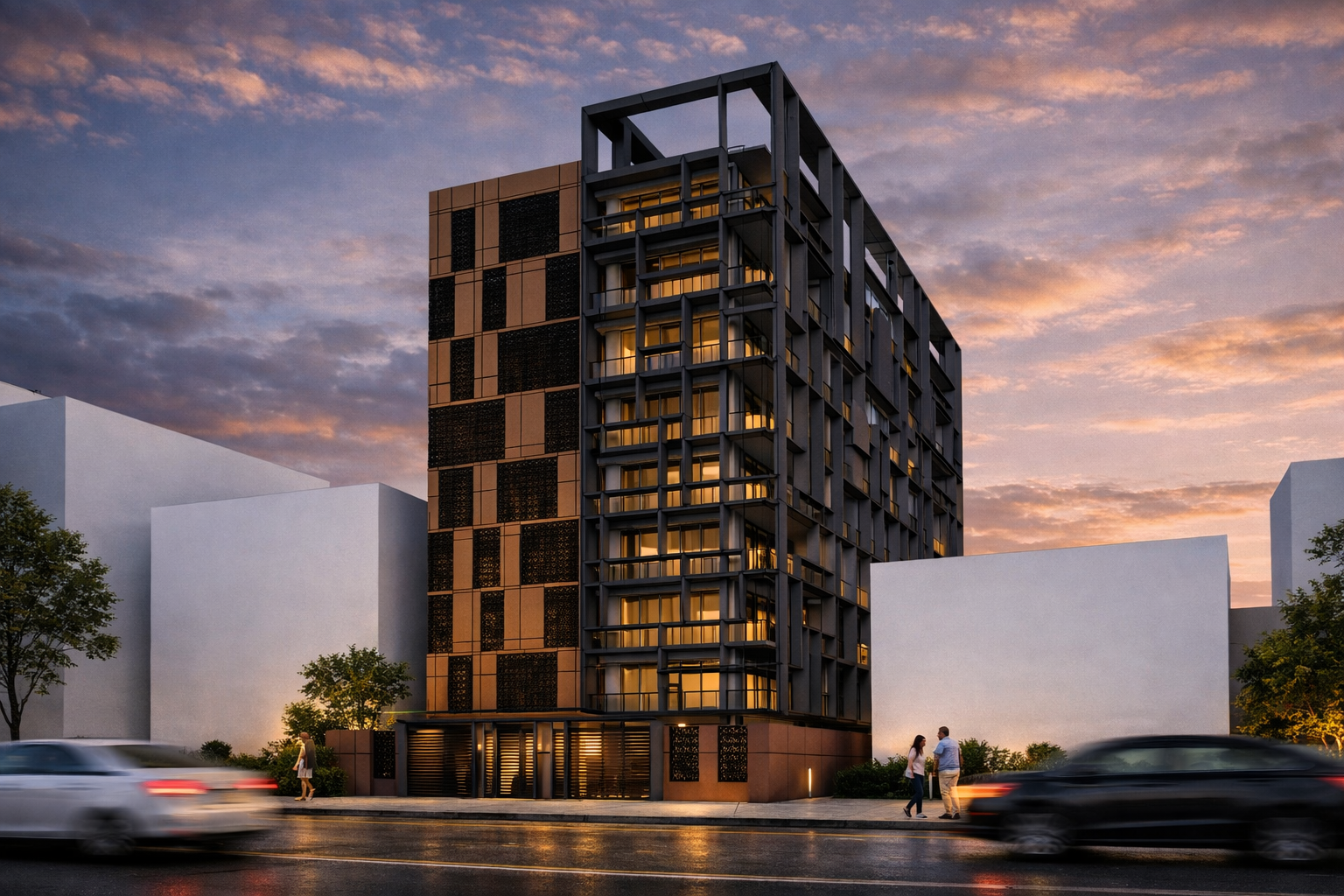 Modern multi-story residential building in the Dominican Republic with metallic cladding at sunset with people walking on the sidewalk and cars on the street in an urban environment.
