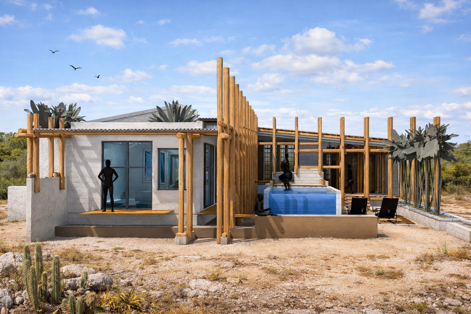 Modern tropical cottage in a dry, desert-like landscape with cacti, featuring wooden beams and poles for solar control, large windows, and a small blue-tiled pool with people around it.