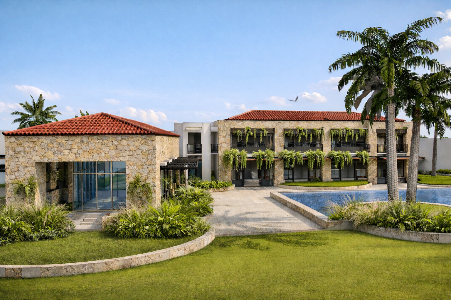 Luxury villa in Capcana's Punta Espada Golf Course, with a coral stone exterior, traditional red-tiled roof, surrounded by green grass, palm trees, and a large swimming pool under a blue sky.