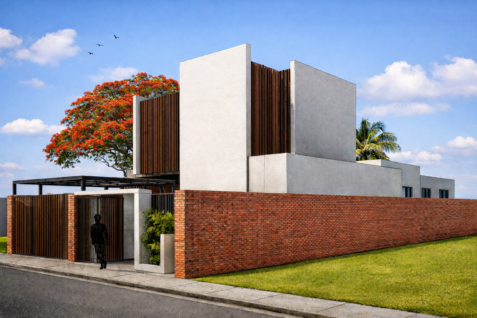 Modern house in a tropical setting in Higuey, Dominican Republic, with a white textured concrete, red brick, and wood facade, green lawn, metal pergola carport, and trees against a bright summer caribbean sky with clouds and flying birds.