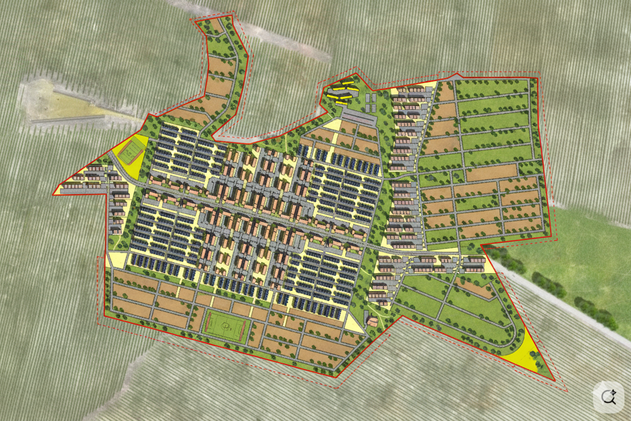 A detailed layout plan of a residential development with streets, houses, green spaces, and other community features, bordered by a red dashed line.