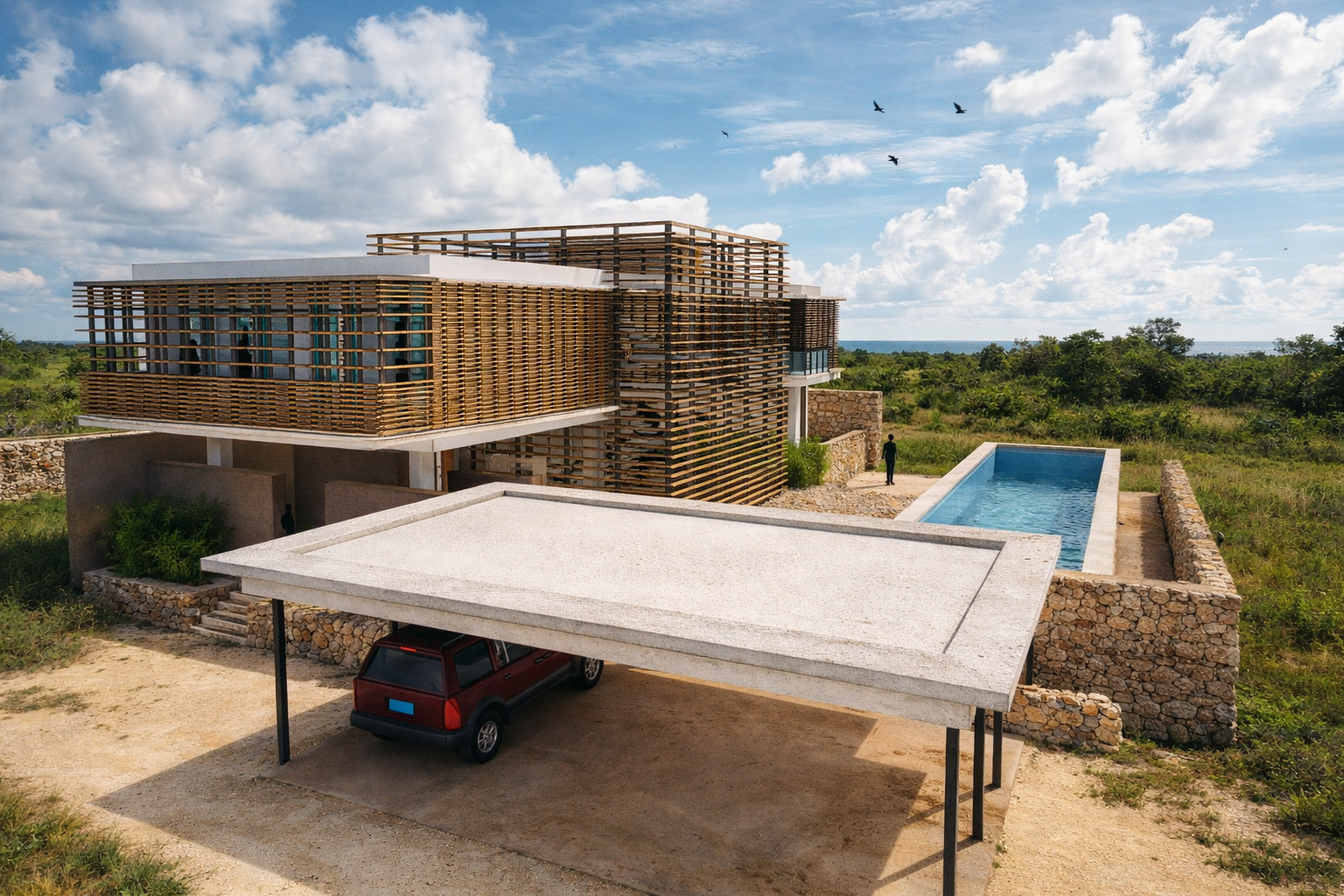 A modern house with wooden exterior slats for solar control, a swimming pool, and a carport with a red vehicle parked underneath, set in a lush tropical green landscape under a partly cloudy sky.