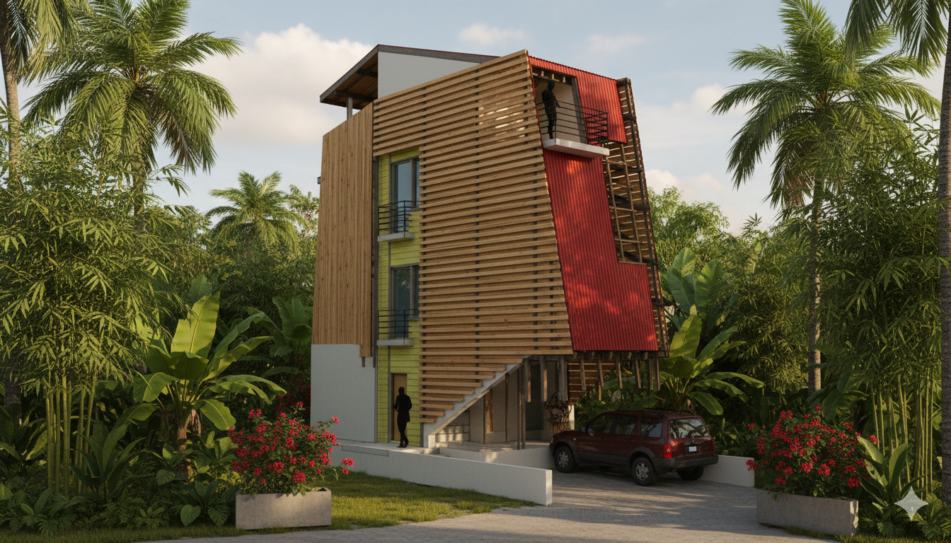 A modern multi-story house under construction surrounded by tropical vegetation, with a person standing on the upper balcony and a car parked on the driveway.