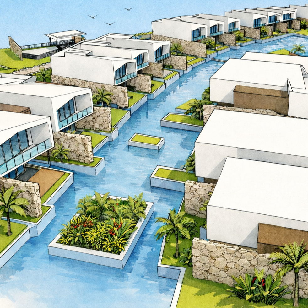 Aerial view of a modern Tropical Villa residential project with tropical modernist white buildings in Juan Dolio, palm trees, wooden terraces, lush caribbean landscaping, and a winding blue water canal, surrounded by green plants and palm trees.