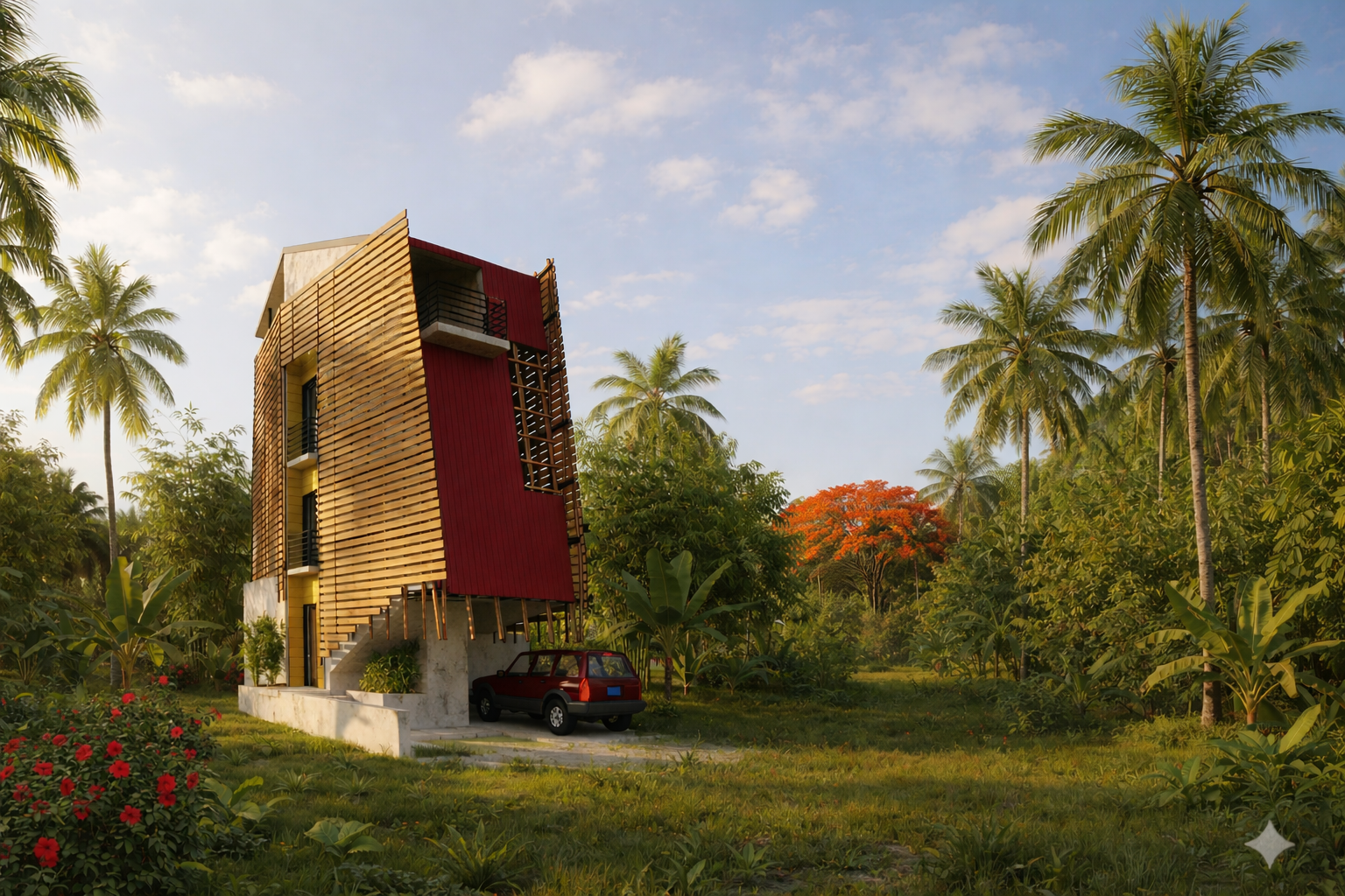 A modern, multi-story house with wooden and red exterior panels, surrounded by lush tropical greenery and tall palm trees, under a partly cloudy sky.