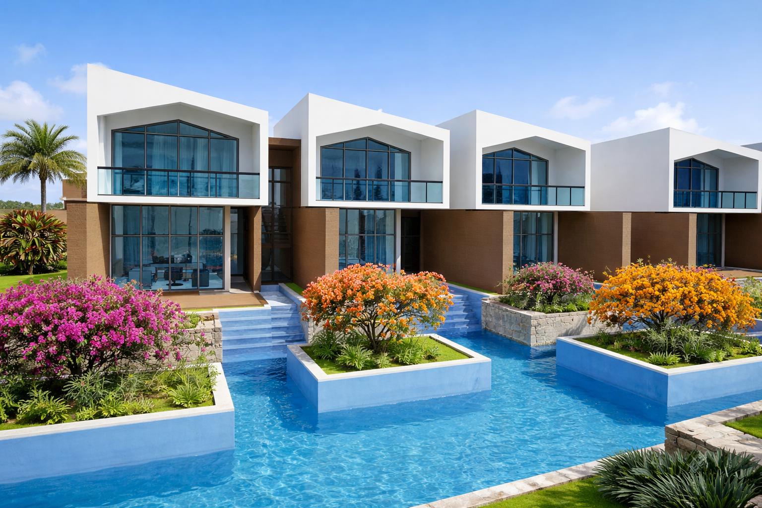 A modern Tropical Villa residential complex in Guavaberry, Juan Dolio, Dominican Republic, with tropical modernism white buildings, large pools with island planters, surrounded by colorful flowering plants and a blue swimming pool in the foreground.