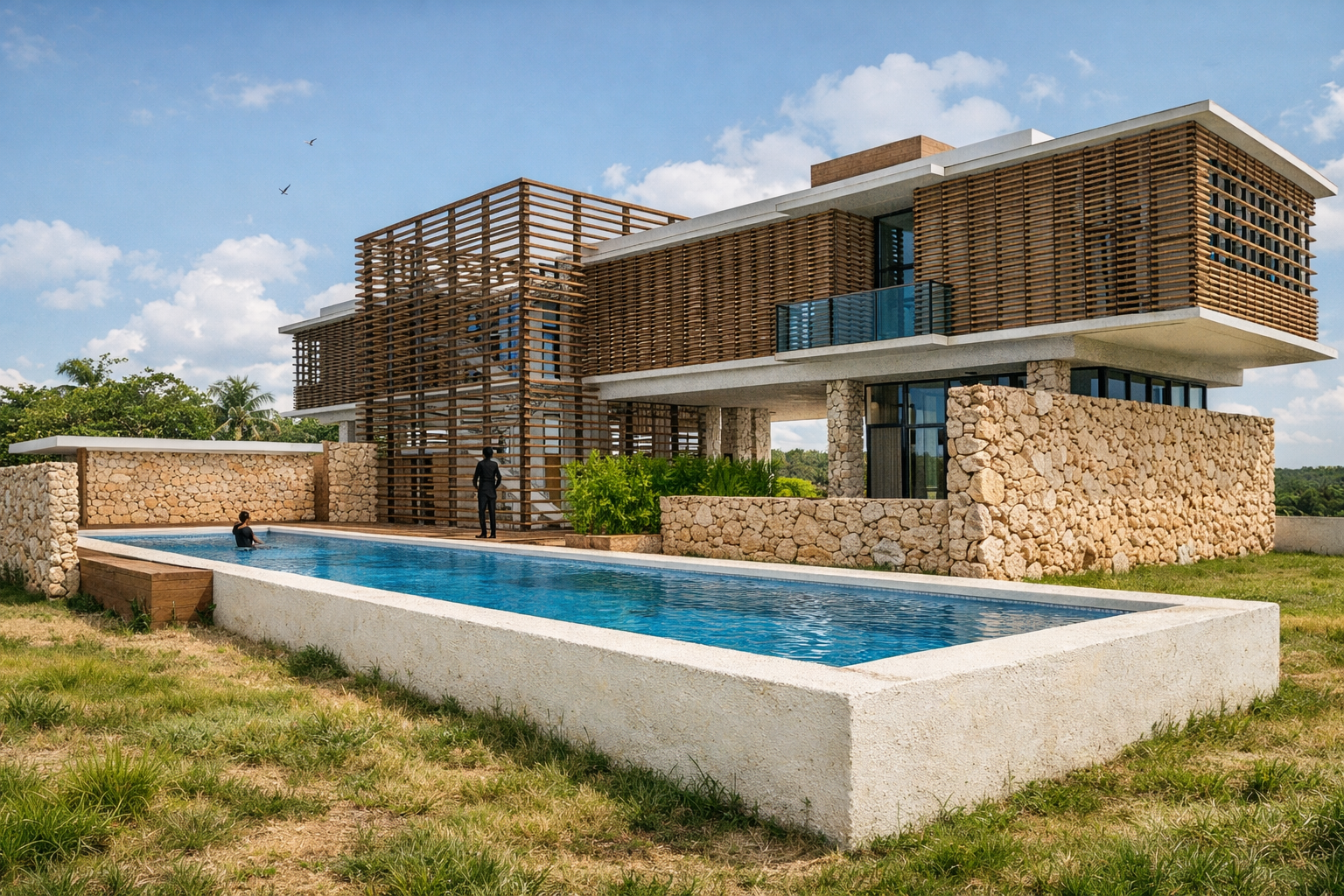 Modern tropical modernist villa in the Boca Chica, Dominican Rep. area, with coral stone and wood exterior, large windows, and an infinity pool with people swimming and standing nearby, under a blue sky with clouds.