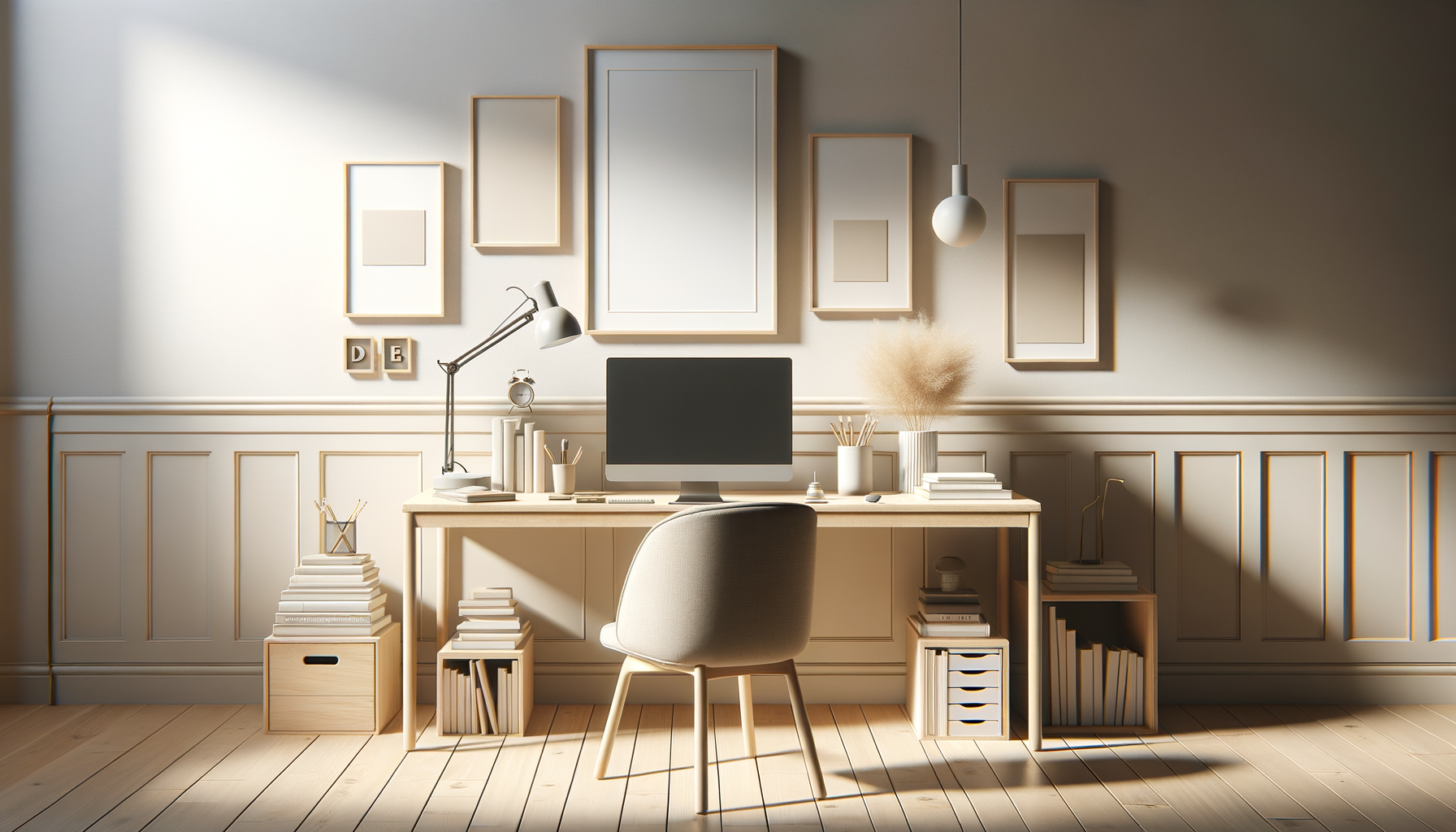 A minimalist home office with a wooden desk, a beige chair, and wall art in light neutral tones. The desk holds a computer monitor, desk lamp, and decorative items, with storage and books underneath. The wall features framed artwork and decorative blocks, with natural sunlight illuminating the space.