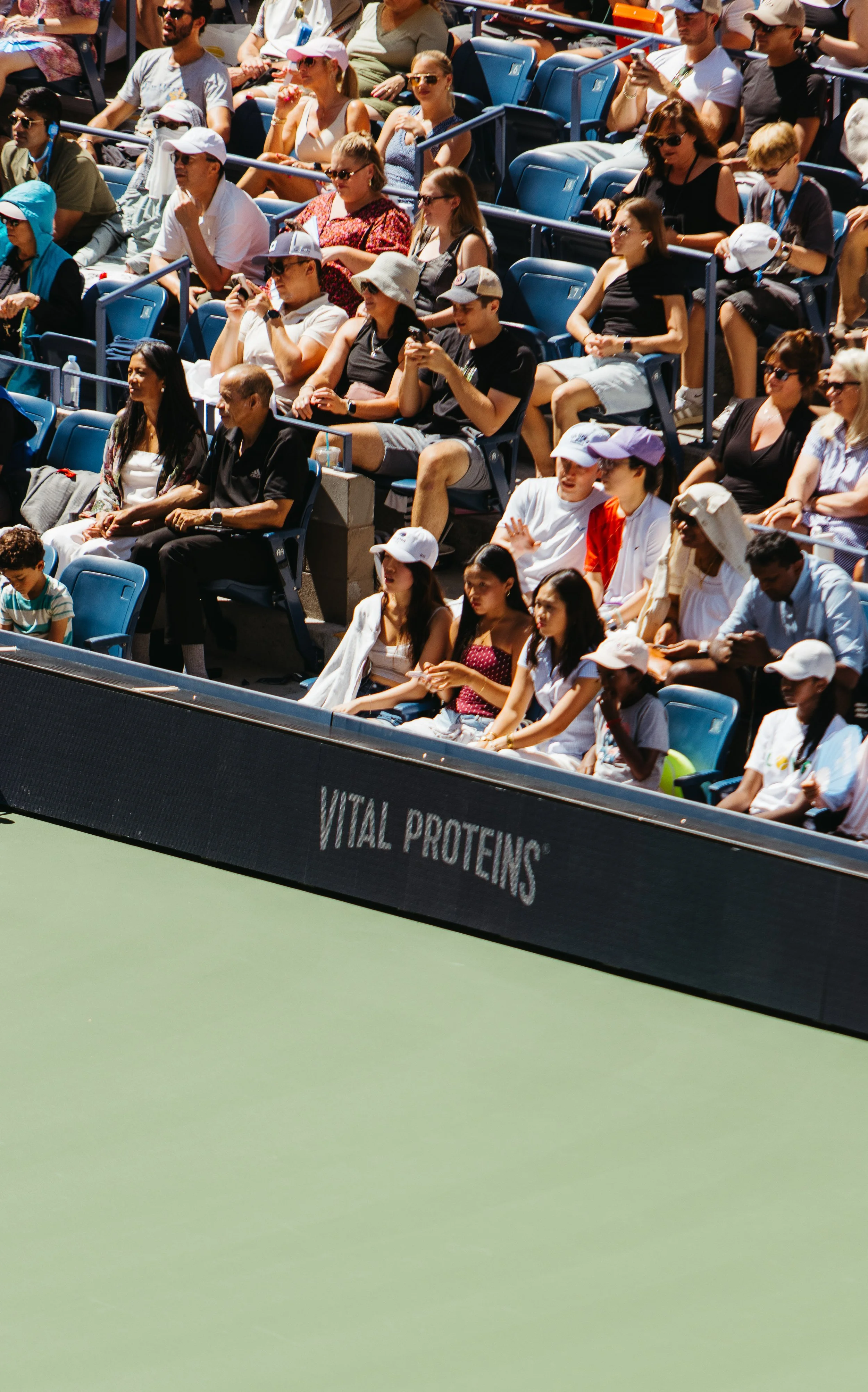 Crowd of spectators sitting in blue stadium seats, watching a tennis match on a green court. Many are wearing sunglasses and caps.