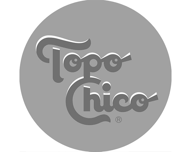 Black and white logo of Topo Chico with stylized text inside a gray circle.