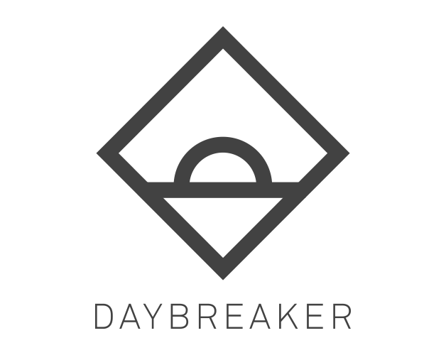 Black background with a gray diamond-shaped logo containing a semi-circle and a straight line, with the word "DAYBREAKER" written below.