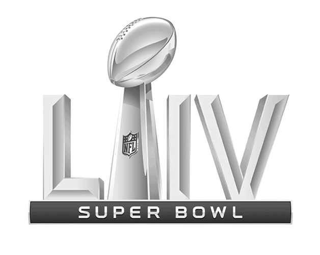 Super Bowl LV logo with the Vince Lombardi Trophy in front.