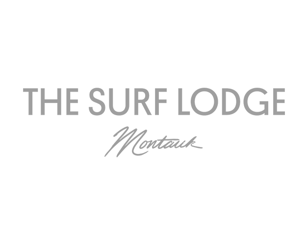 Logo for The Surf Lodge in Montauk, featuring gray text on a black background.