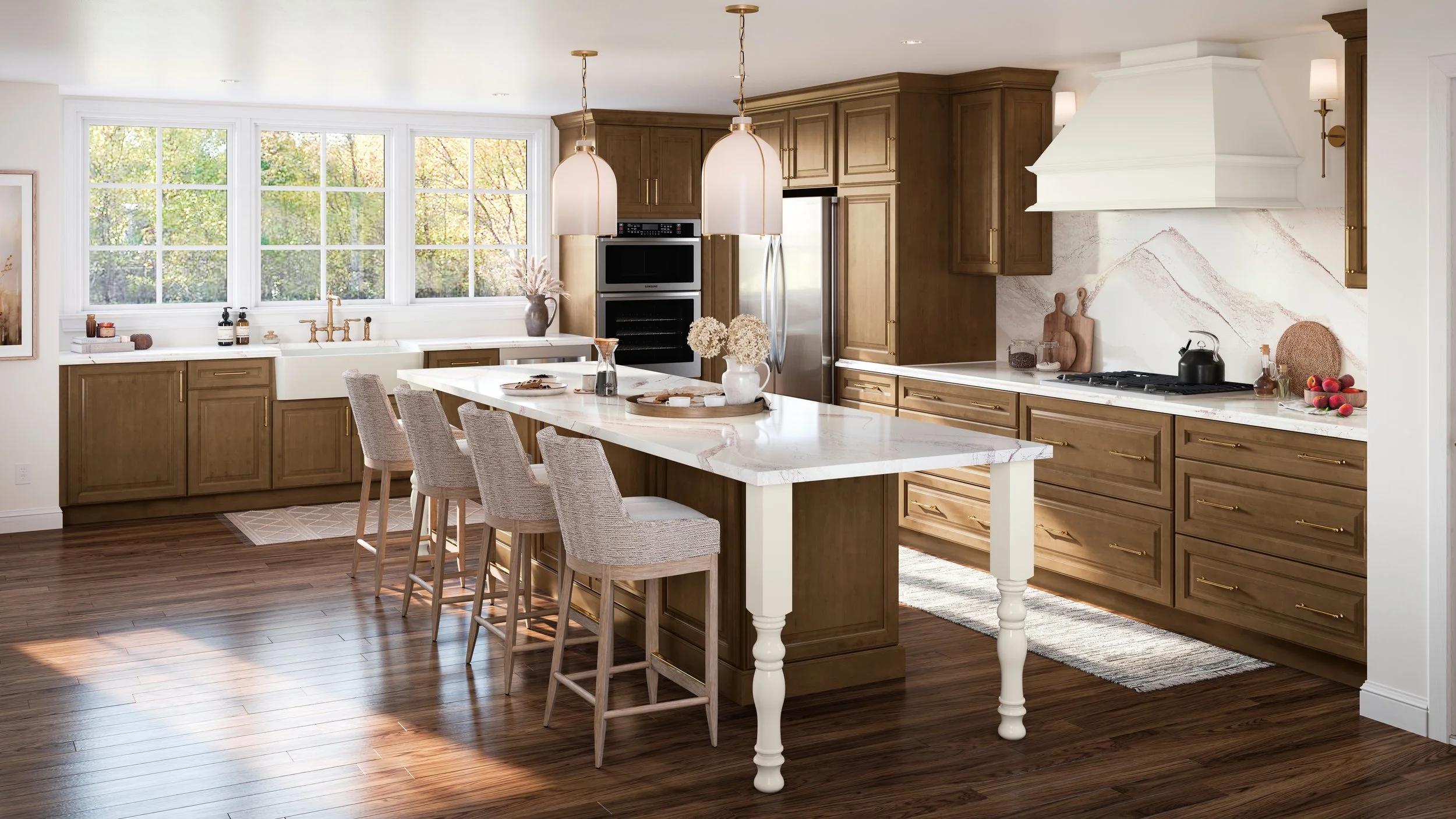 Bright kitchen with large window, wooden cabinets, white marble island, and five light-colored chairs around the island.