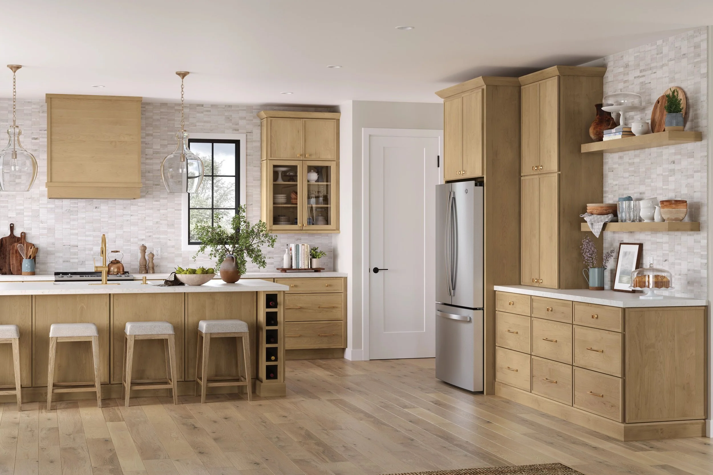 Bright kitchen with light wood cabinets, a white island with three stools, a stainless steel refrigerator, black window, and open shelves with dishes and decor.