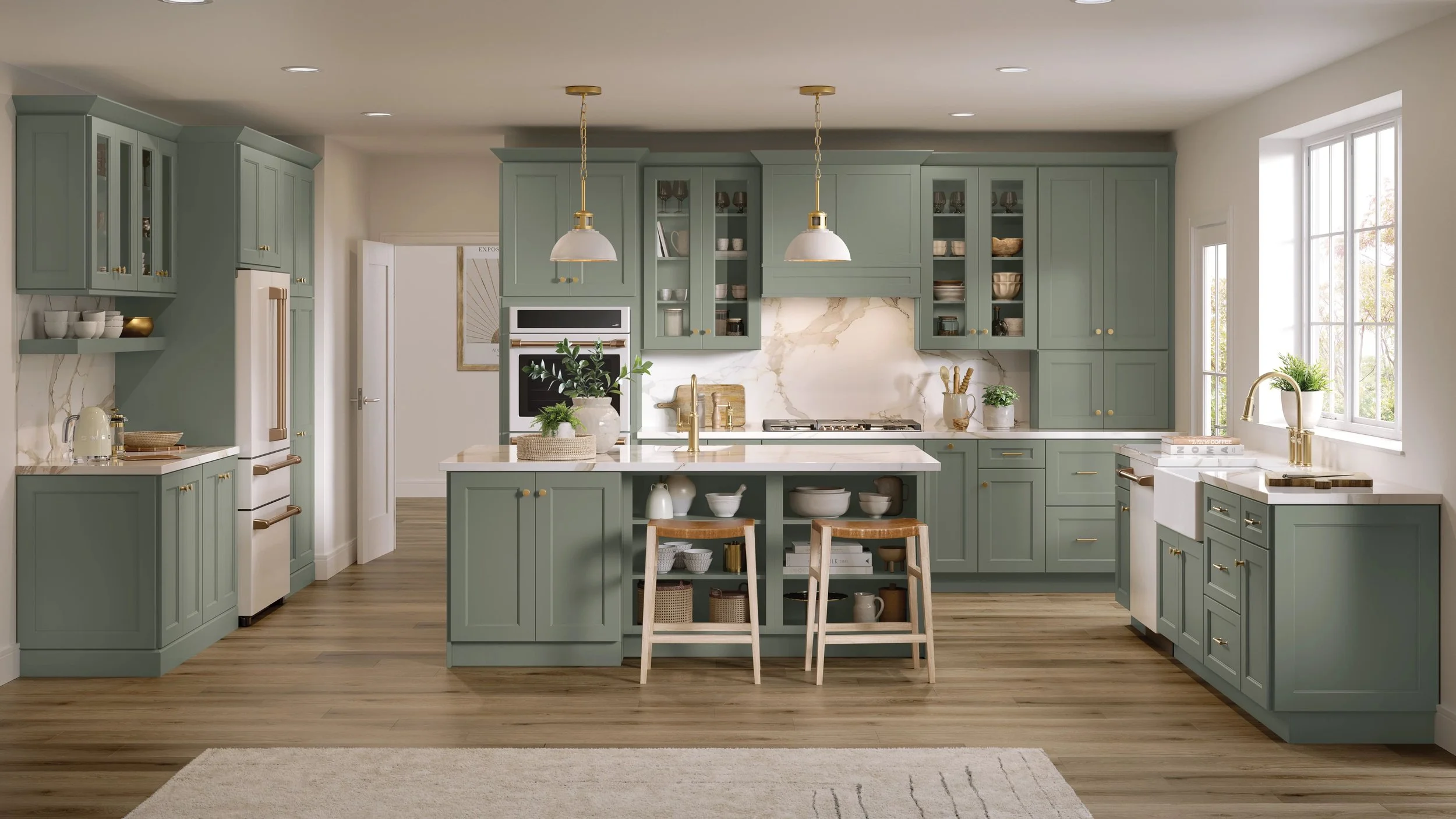 A spacious kitchen with teal cabinetry, white marble countertops, a central island with a sink, and wooden bar stools. The kitchen has large windows allowing natural light, and features gold fixtures and greenery.