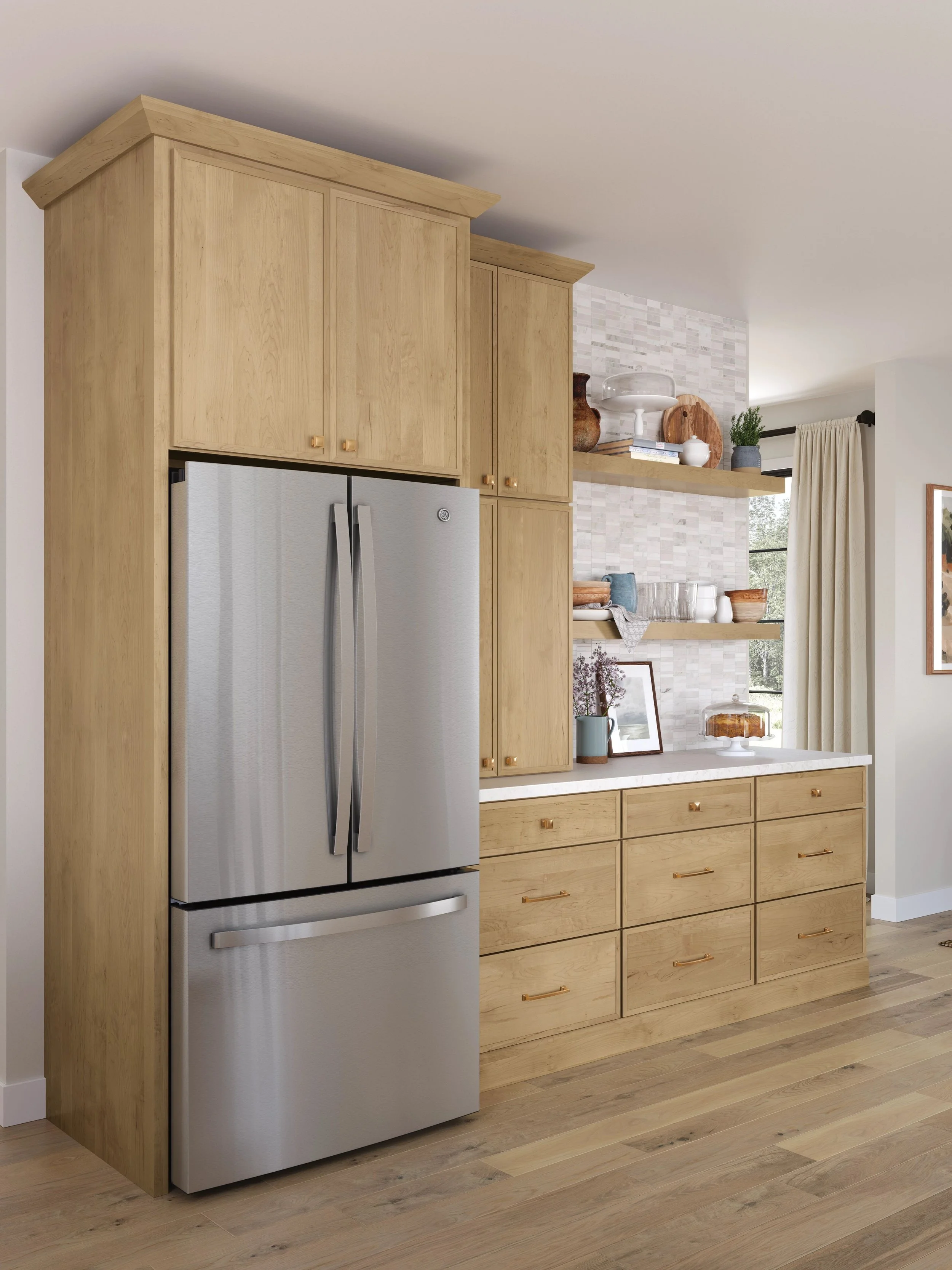 Kitchen with wooden cabinets, stainless steel refrigerator, open shelves with decor, and hardwood flooring.