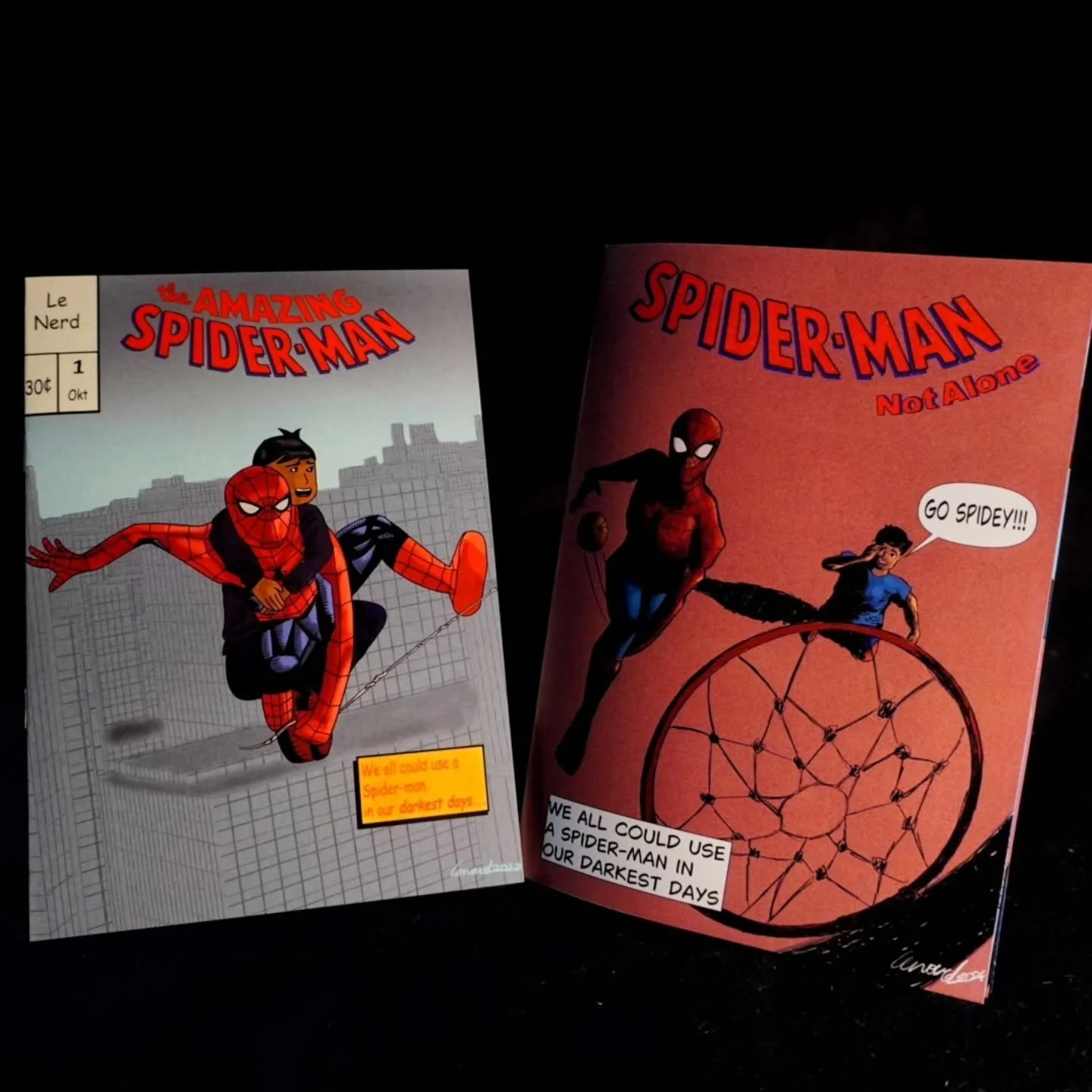 Finally can reveal what I've been working on the past weeks. I remade my Spider-man Not Alone Comic which is now Canon for the WWSMD?-verse!!! The new one is red the old one is blue. You can read it online in a google drive folder with the QR-Code :)