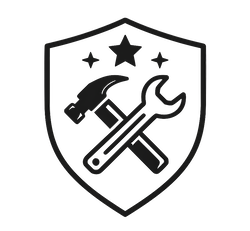 A black shield emblem with a hammer and wrench crossed inside, along with three stars above.