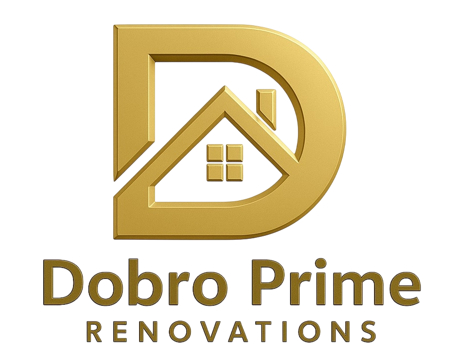 A logo with a stylized gold letter D and a house inside, accompanied by the text 'Dobro Prime RENOVATIONS' in gold letters.