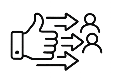 A thumbs-up hand icon with three arrows pointing to three human icons, indicating approval or sharing.