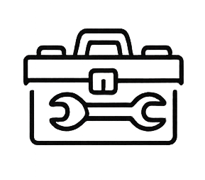 Line drawing of a toolbox with a wrench and a spanner crossing each other in front of it.
