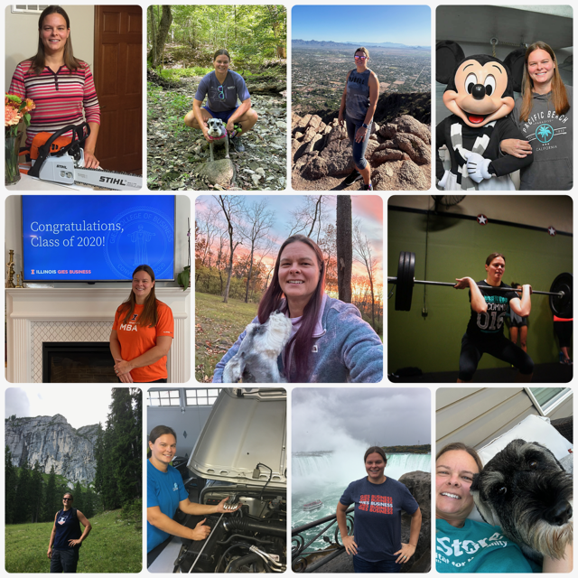 A collage of twelve photos featuring a woman in various settings, including indoors, outdoors, with animals, during outdoor adventures, exercising, and at a graduation celebration.