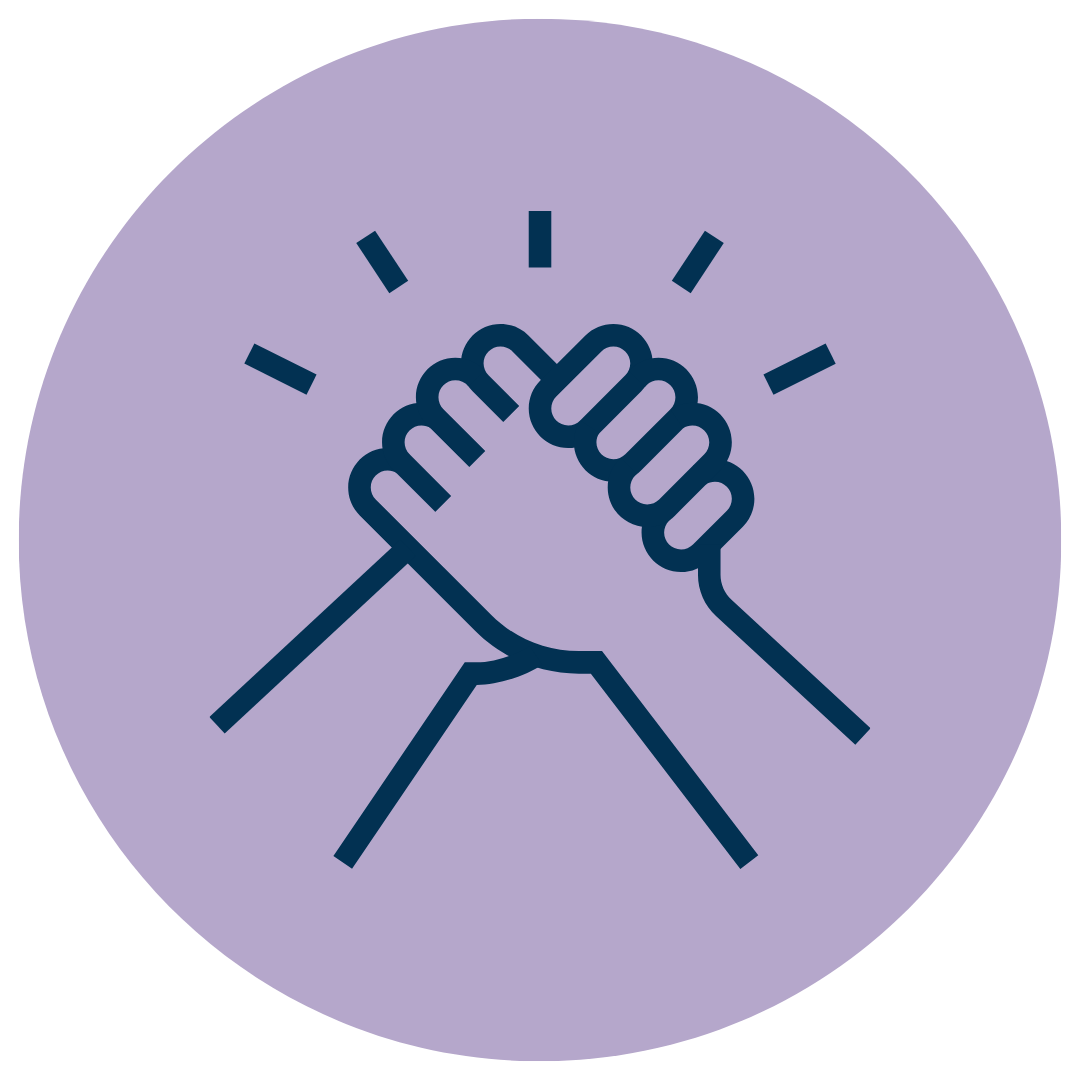 Two hands giving a fist bump, with lines radiating outward, on a purple circular background.