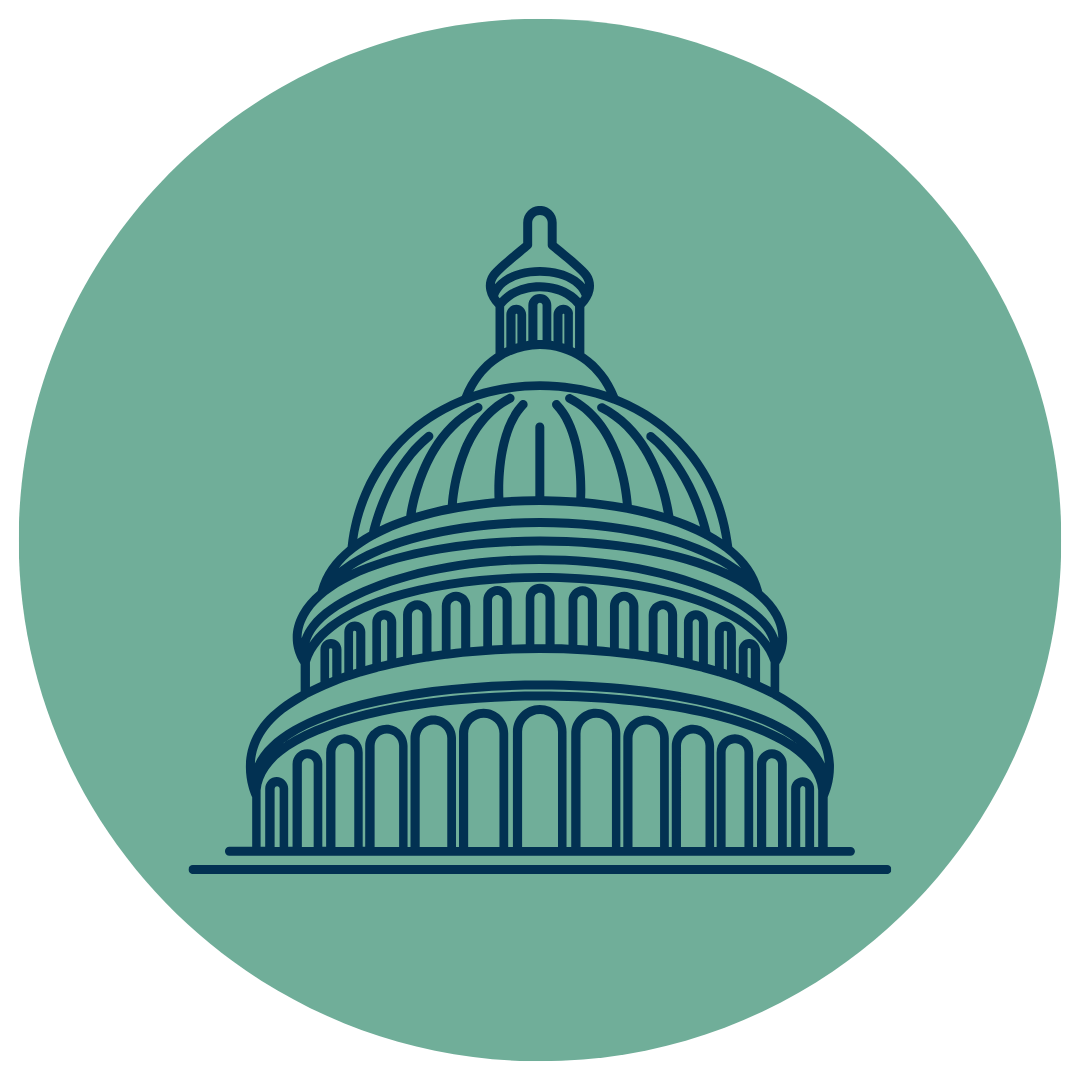 Outline drawing of the United States Capitol building dome with a teal background.