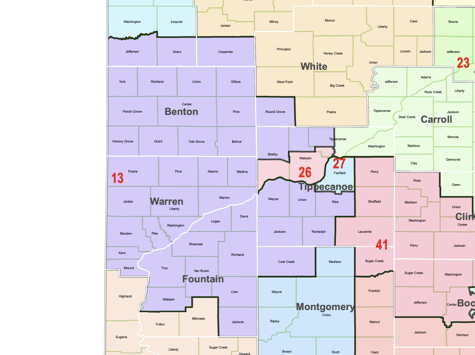 A map showing counties in a region, each labeled with its name. The counties are color-coded with purple, green, red, blue, and beige. Some counties have borders outlined in black.