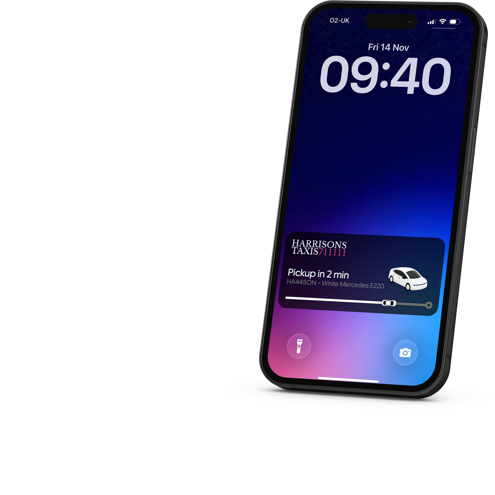 iPhone screen showing a ride-share app with a pickup estimate of 2 minutes for a white Mercedes E220, and the time is 9:40 on November 14th.
