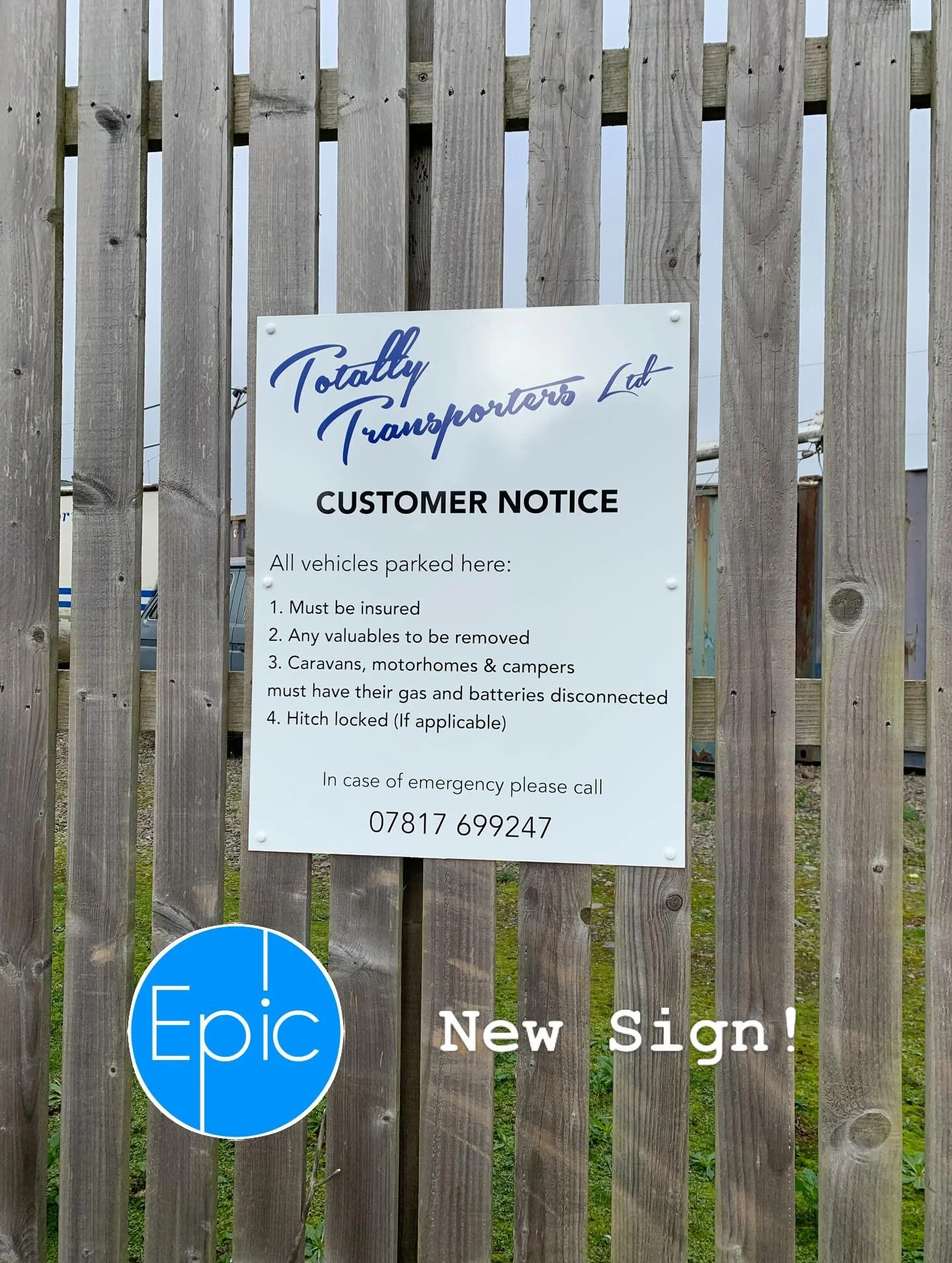 Clean. Clear. Professional. 👌

We recently designed, produced and installed this customer notice sign for Totally Transporters Ltd in Chivenor.

Simple layout, strong hierarchy and built to withstand the elements &mdash; because good signage should 
