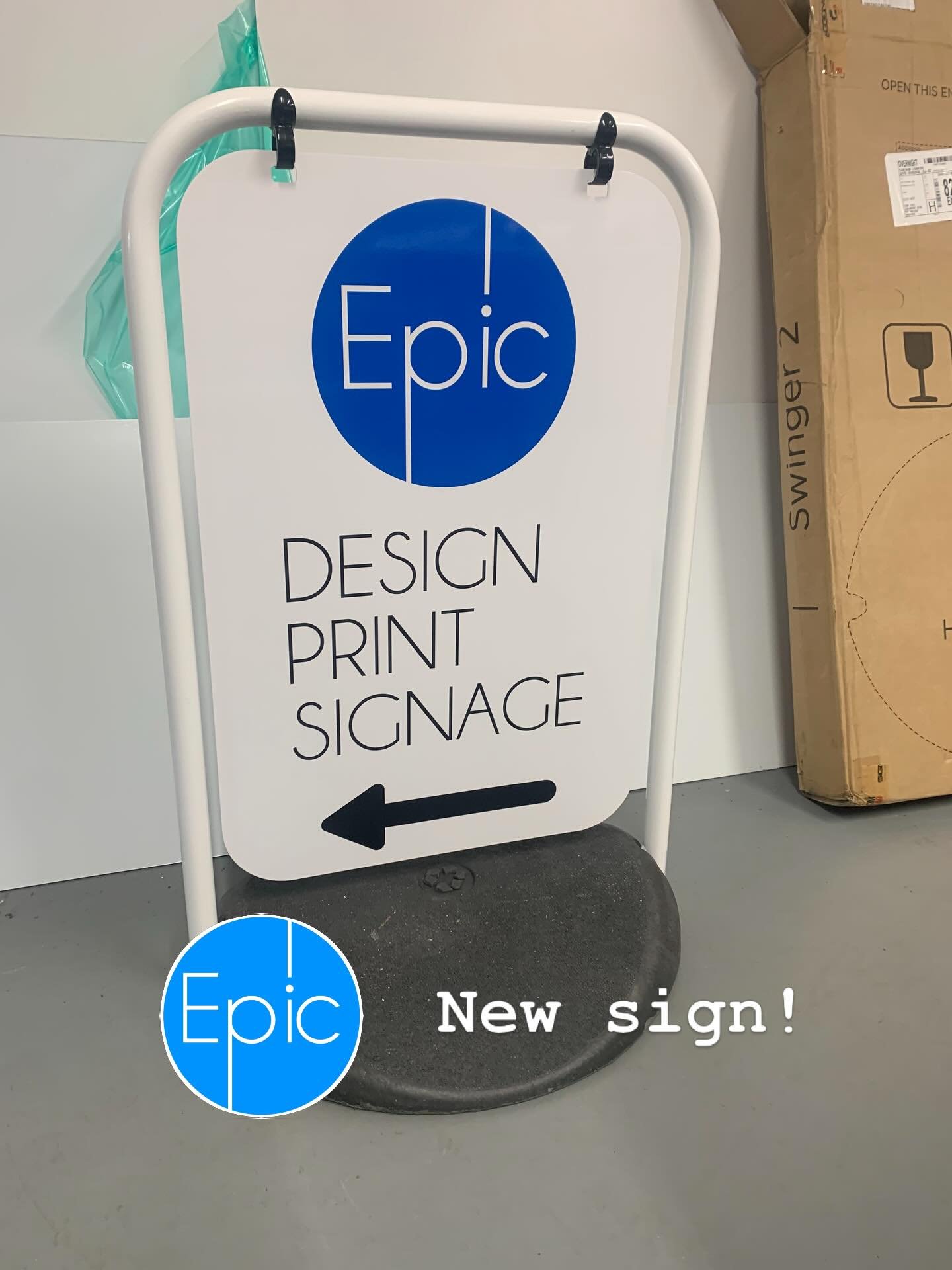 Finally got round to making a swing sign for the unit 👌

Simple, clean and doing exactly what it should &mdash; pointing people in the right direction.

If you&rsquo;re visiting Epic at North Devon Business Park, just follow the sign ⬅️

This is the