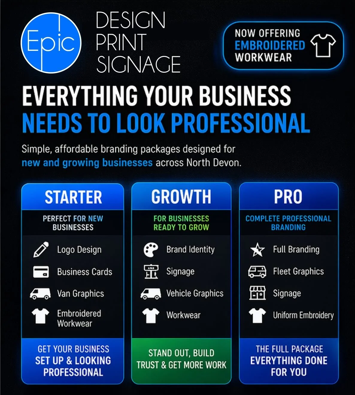 Starting a business or want to look more professional?

We offer complete branding packages including logo design, vehicle graphics, workwear and embroidery, signage, and print.

Everything you need in one place 

🧭 Based on North Devon
📮 Message n