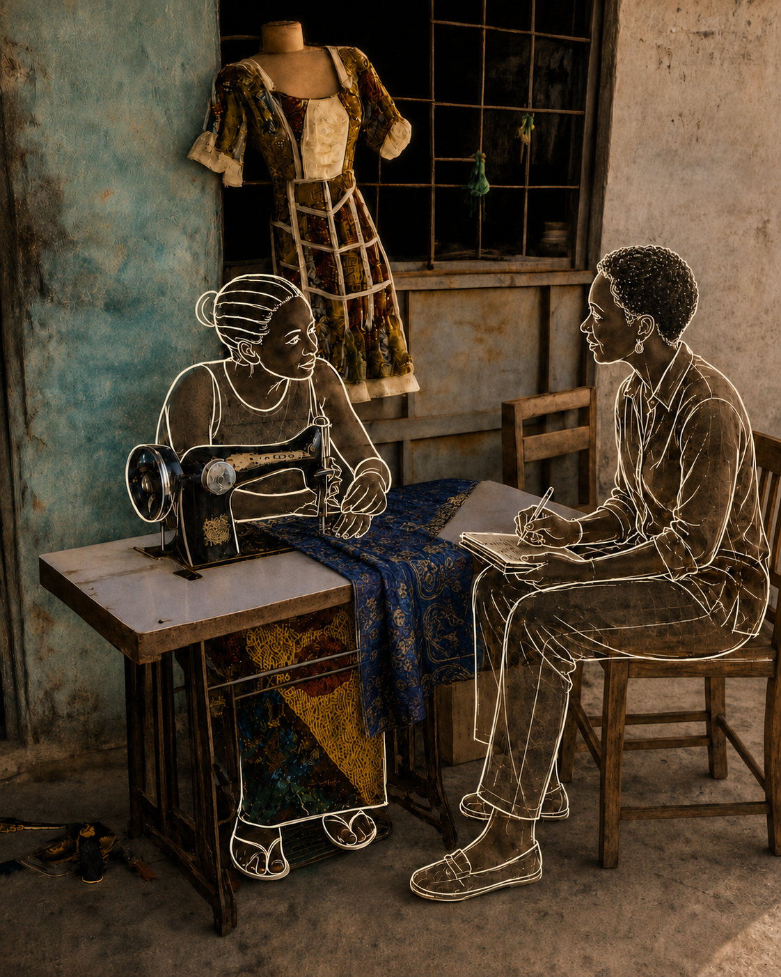 A woman at a sewing machine speaking with a reporter in her workshop.