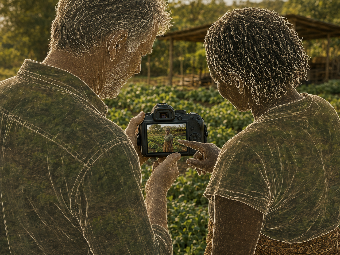 A photographer and farmer reviewing a respectful portrait together on a camera.