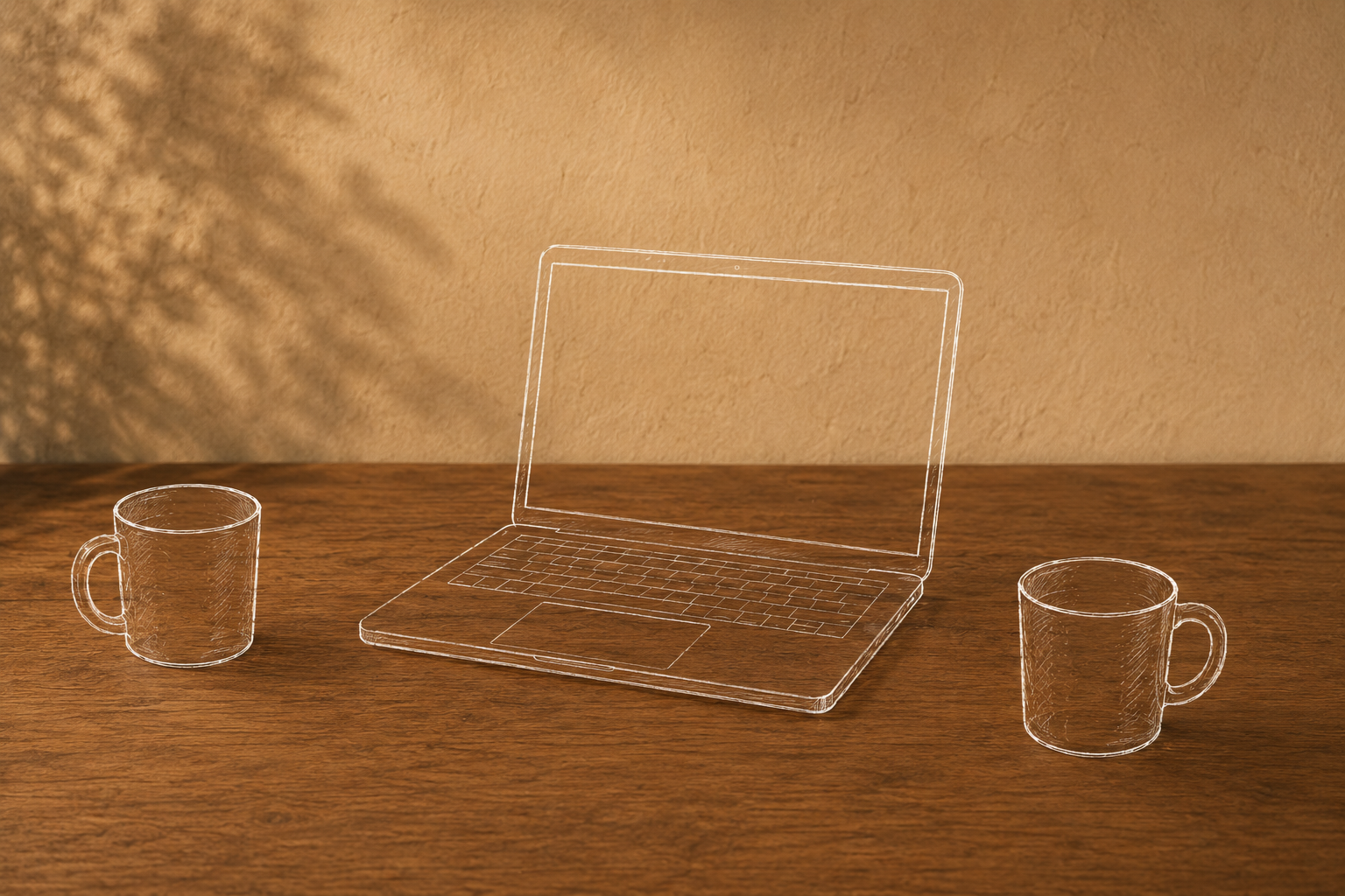 Two cups and an open laptop on a table, drawn in white linework.