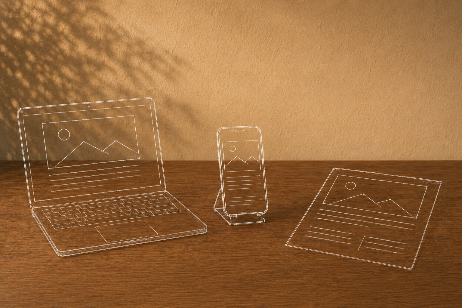 A laptop, phone and communications plan drawn in white linework on a table.