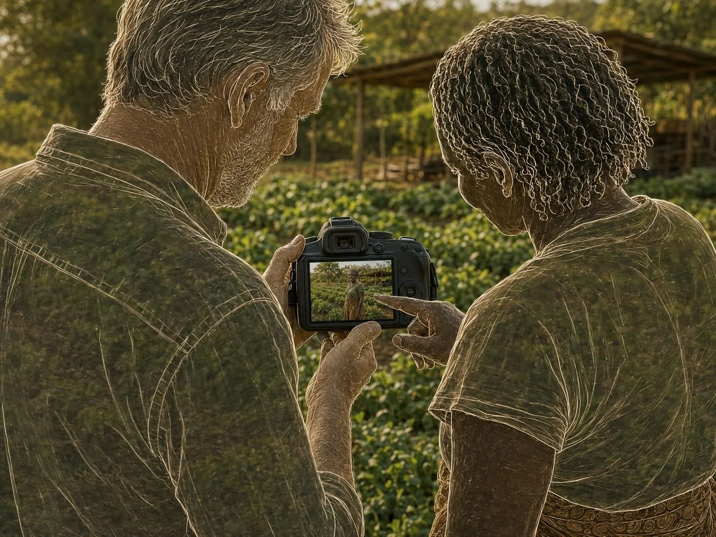 Illustration of a photographer showing a woman the photographs he has taken of her in an agricultural field.