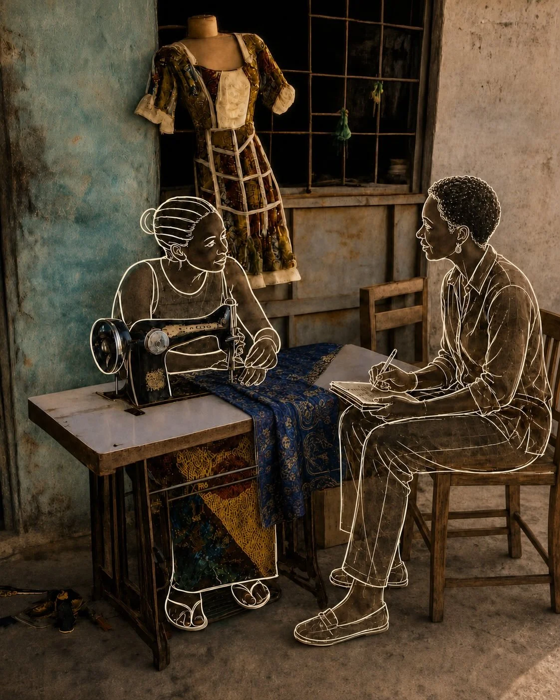 Illustration of a storyteller interviewing a young woman working at a sewing machine in her workshop.