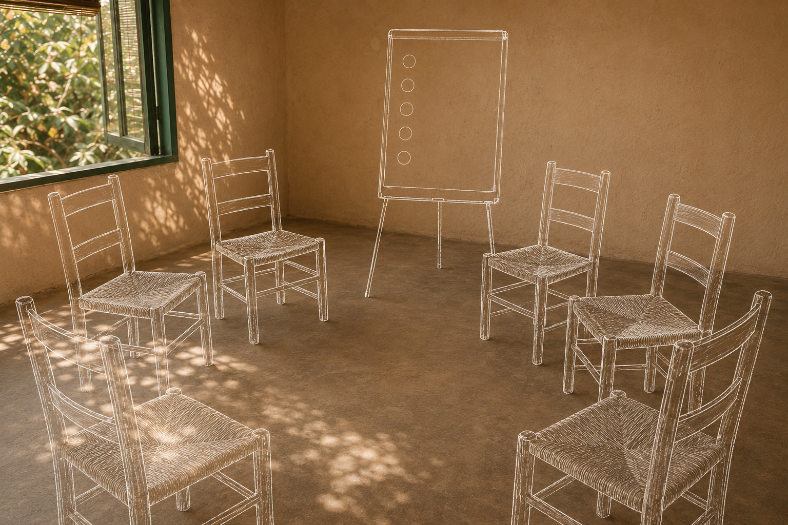 Chairs and a flip chart arranged for an ethical storytelling workshop.