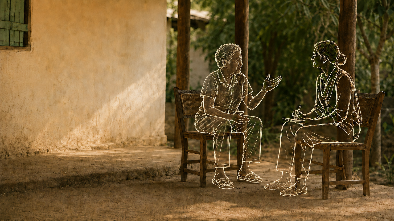 Hand-drawn figures of an older woman and a reporter speaking at eye level on a rural veranda.
