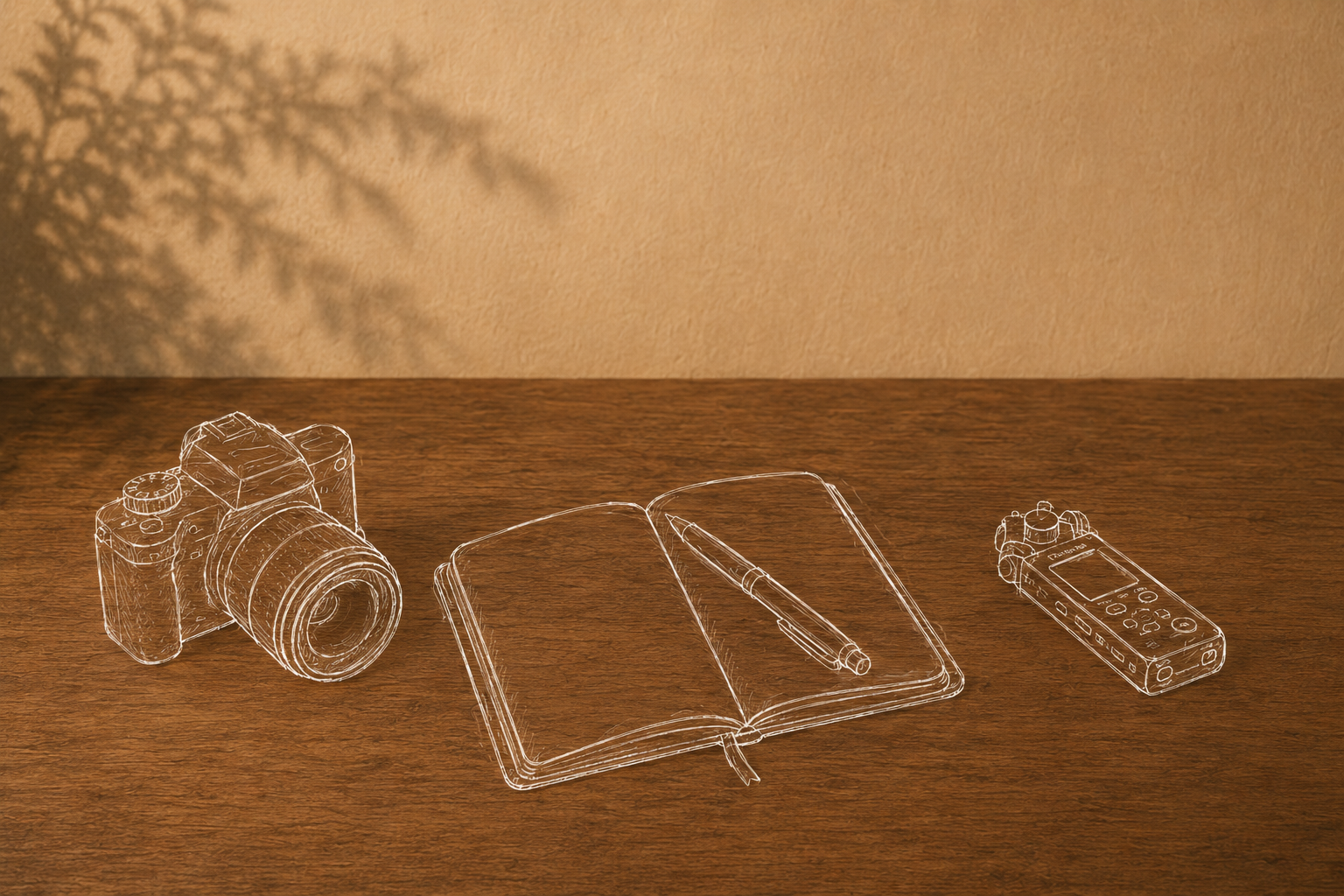 Reporting tools drawn in white linework on a wooden table.