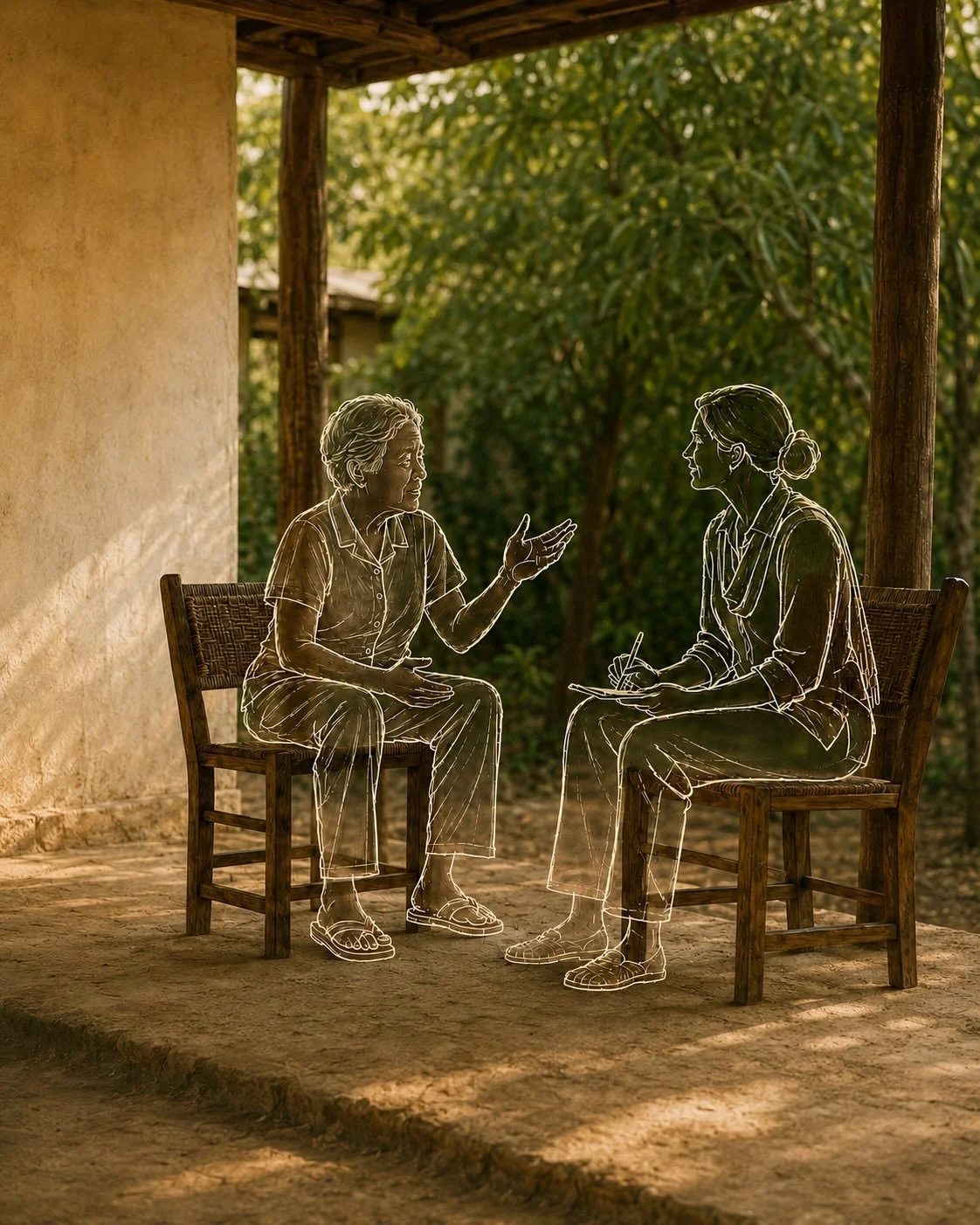 Illustration of an Ethical Storytellers journalist interviewing an older woman at eye level.