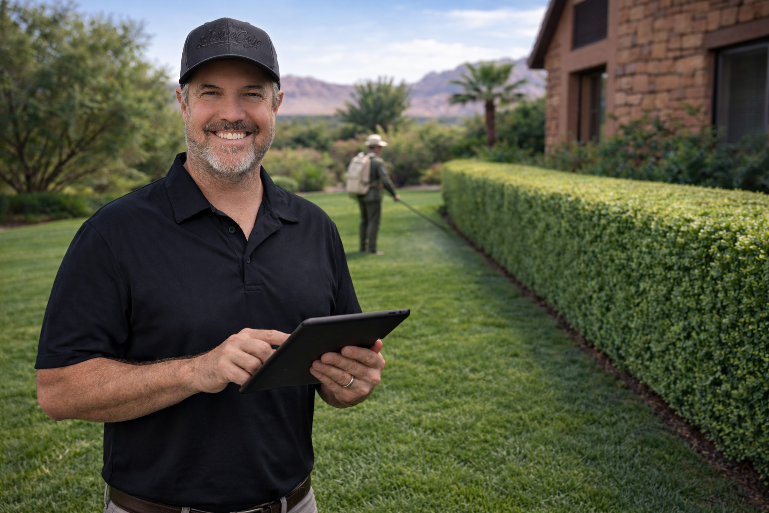 A smiling man in a black shirt and cap holding a tablet outdoors in a landscaped garden with a person watering plants in the background.