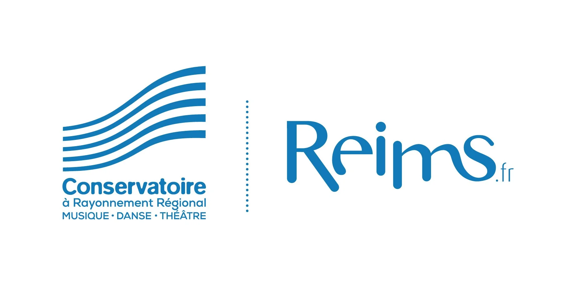 Logo du Conservatoire à Rayonnement Régional de Reims, incluant des lignes ondulées bleues, le texte 'Conservatoire à Rayonnement Régional MUSIQUE · DANSE · THÉÂTRE' en bleu, et le site 'Reims.fr'. Adrien ramon y est enseignant