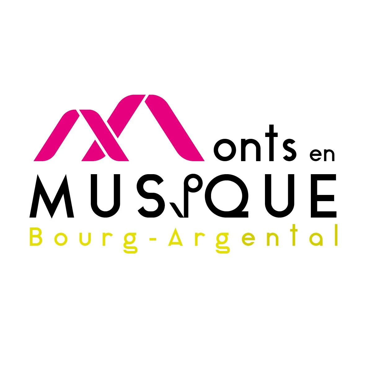 Logo avec texte : 'Monts en Musique Bourg-Argental', motif stylisé en forme de montagnes en rose foncé.. il s'agit du festival d'Adrien Ramon