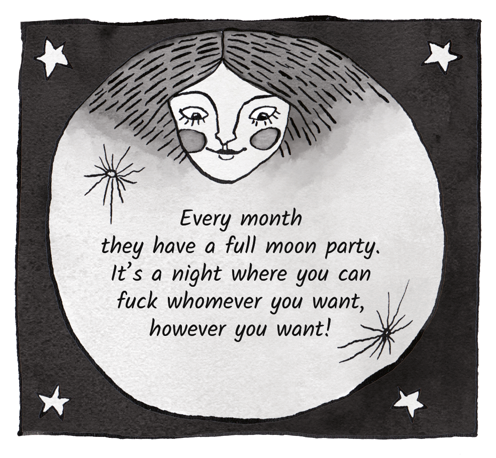 An illustrated full moon with a smiling face surrounded by stars and fireflies, featuring humorous text about monthly full moon parties.