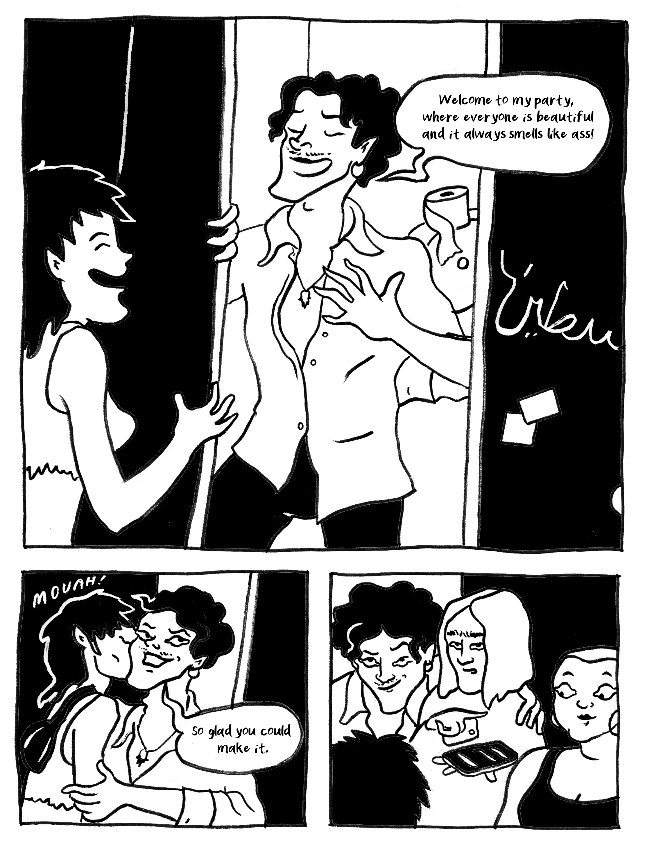 A comic strip showing a man welcoming a woman to his toilet stall filled with friends.